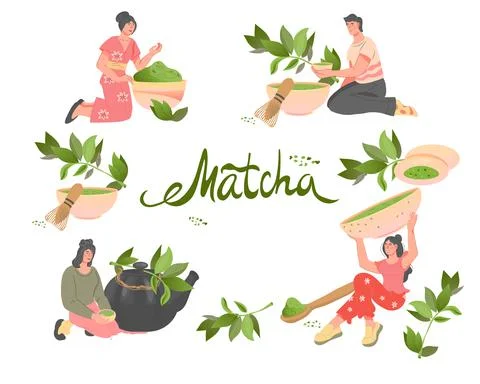 Big set with people drinking Matcha Green Tea, flat vector illustration. Stock Illustration