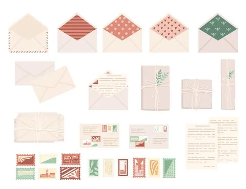 Big set of postal stamps with postage envelope and paper packages flat vector Stock Illustration