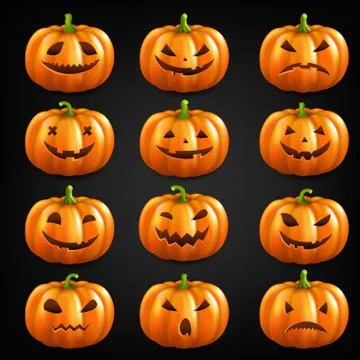 Big Set Pumpkins Isolated Black Background Stock Illustration