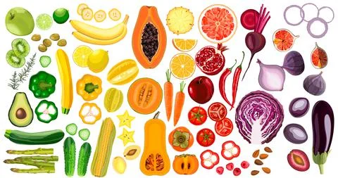 Big set of realistic vector illustration of fruits and vegetables Illustrazione stock