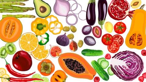 Big set of realistic vector illustration of fruits and vegetables Stock Illustration