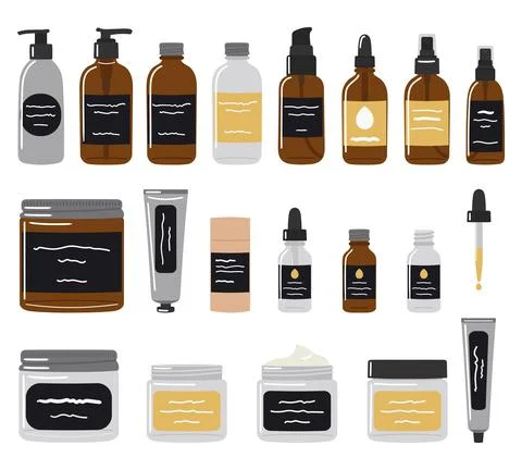 Big set of recyclable bottles, jars and tubes with organic cosmetics and skin Stock Illustration