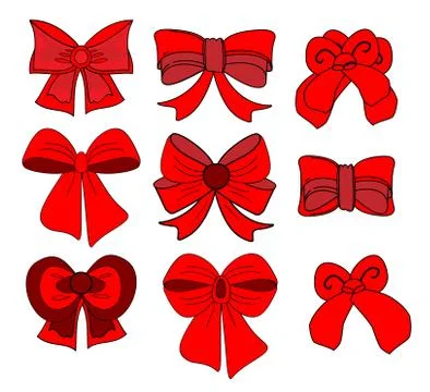 Big set of red gift bows with ribbons. vector illustration. Stock Illustration