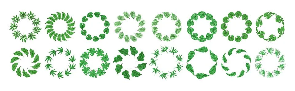 Big set of round frames made of tropical leaves. Simple natural leaf design.. Stock Illustration