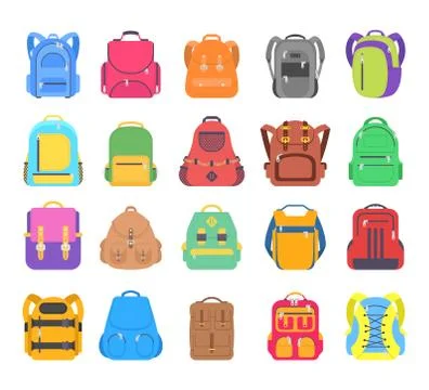Big set school backpack, sport and travel bag different shape flat icon 스톡 일러스트