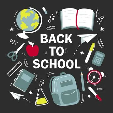 Big set of school elements - globe, paper clips, backpack, paper planes, pens イラスト素材