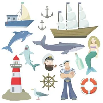 Big set of sea elements, isolated on white background. Ships, lighthouse, whale Stock Illustration