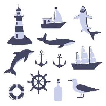 Big set of sea silhouette elements, isolated on white background. Ships Stock Illustration