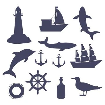 Big set of sea silhouette elements, isolated on white background. Ships Stock Illustration