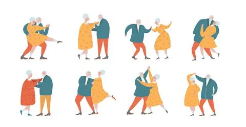 Big set of Senior Couples Dance, Elderly People Romantic Relations Concept. Old Stock-Illustration