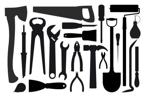 Big set of silhouettes of workers tools Stock Illustration