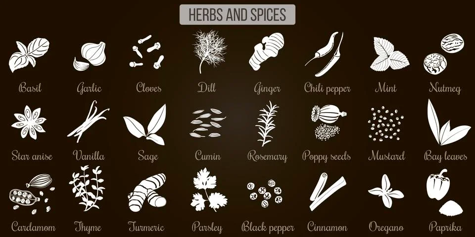 Big set of simple flat culinary herbs and spices. White Silhouettes on black Stock Illustration