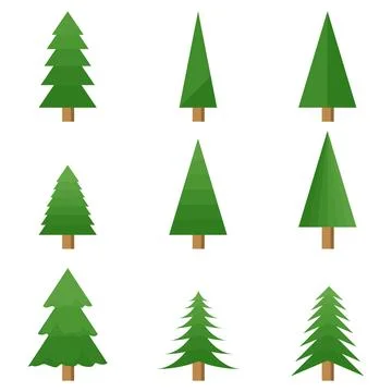 Big set of simple green pine fir and spruce trees icons collection vector Stock Illustration