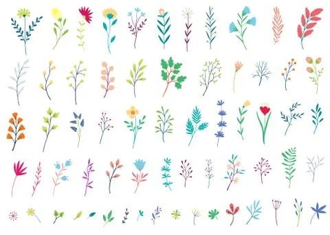 Big set of simple vector leaves, twigs and flowers,. Flat design Stock Illustration