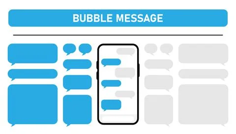 Big set smartphone with social network chat and blue speech bubbles on white  Stock Illustration