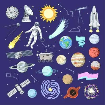 Big set of space elements, planets, rocket, satellites and telescope. Hand-.. Stock Illustration