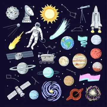 Big set of space elements, planets, rocket, satellites and telescope. Hand-.. Stock Illustration