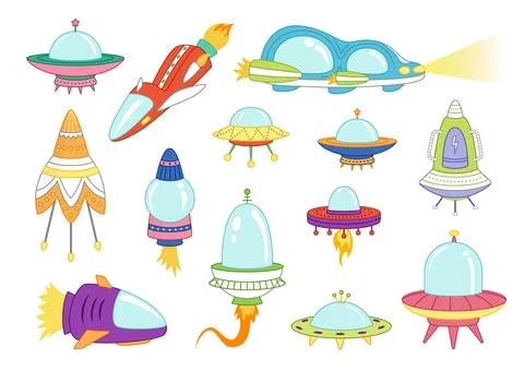 Big set of spaceships, ufo, interstellar space ship. Coloring page. Black and Stock Illustration