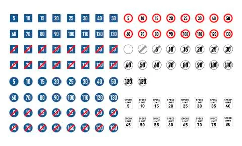 Big set of speed limit different road signs on white Stock Illustration