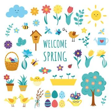 Big set of spring elements with flowers, birds. Illustrazione stock