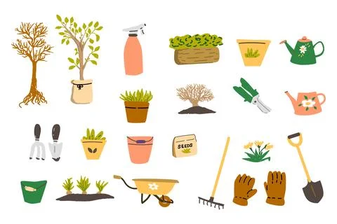 Big set of spring gardening tools and tree, plant in box, pot. Stock Illustration