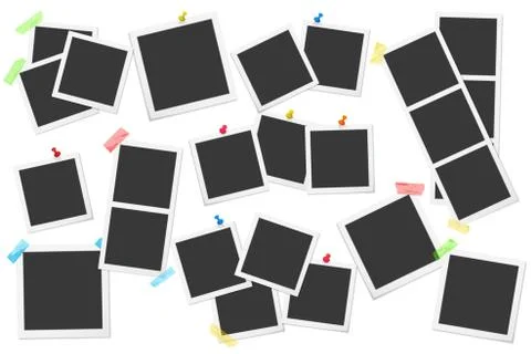 Big set of square vector photo frames on sticky tape, pins and rivets. Vector Illustrazione stock