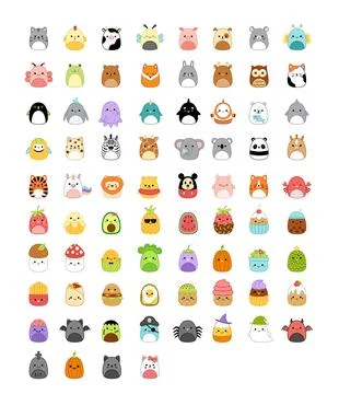 Big set of Squishmallow. Cute soft plush toy. Clip art pillow. Cartoon, kawaii Stock Illustration