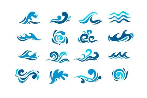 Big set of stylized ocean waves. Colored set. Sea water wave, ocean flowing and Stock Illustration