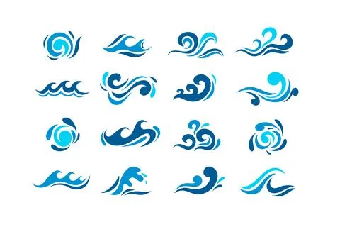 Big set of stylized ocean waves. Colored set. Sea water wave, ocean flowing and Stock Illustration