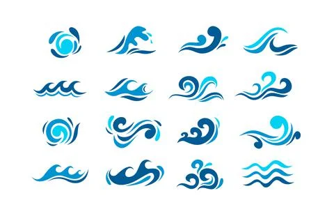 Big set of stylized ocean waves. Colored set. Sea water wave, ocean flowing and Stock Illustration