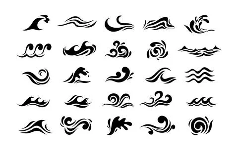 Big set of stylized ocean waves. Sea water wave, ocean flowing and swirl Stock Illustration