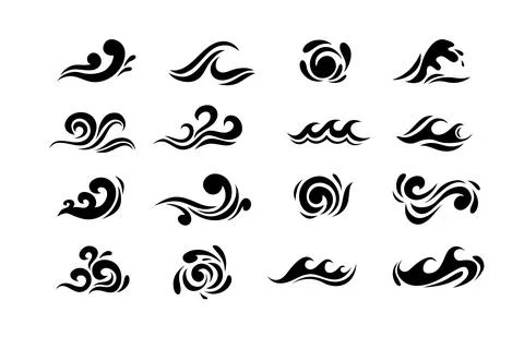 Big set of stylized ocean waves. Sea water wave, ocean flowing and swirl Stock Illustration