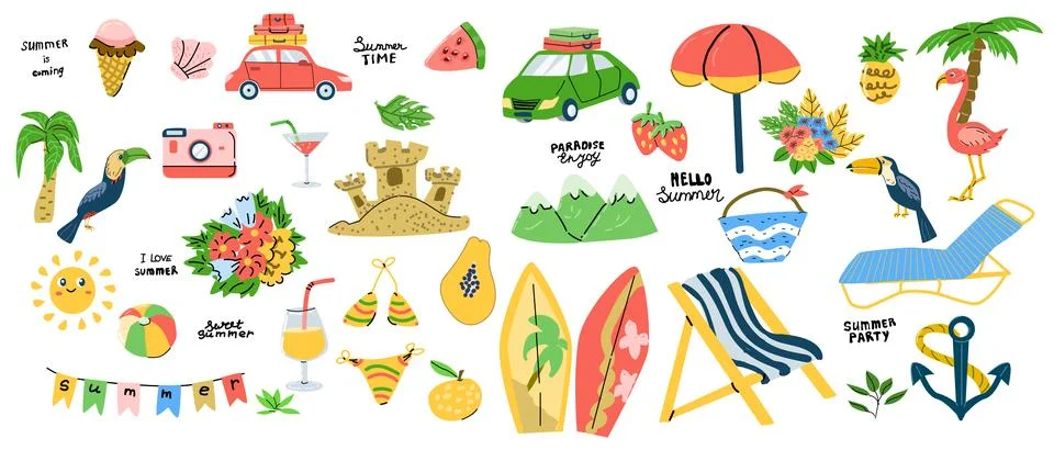 Big set of summer time beach illustrations Illustrazione stock