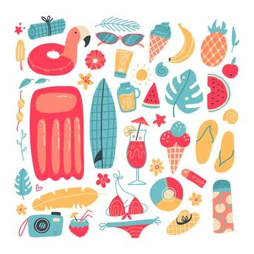 Big set of summer vacation items. Accessories for beach holidays by the sea Stock Illustration