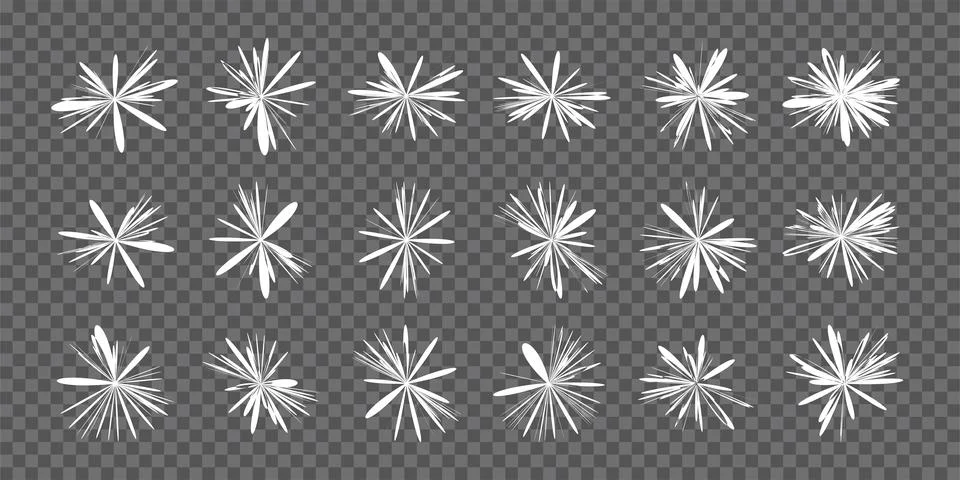 Big set of sun rays flowers and starbursts. Abstract white beam glow explosion Stock Illustration
