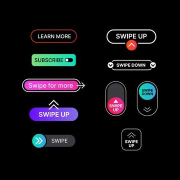 Big Set of Swipe Up, Swipe Down, Swipe for More, Learn More, Subscribe Stock Illustration