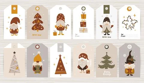 Big set of tags with cute gnomes. Stock Illustration
