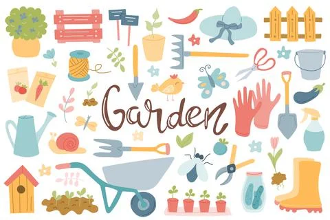 A big set on the theme of gardening, tools, garden items, hand lettering. Stock Illustration