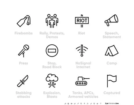 The big set thin linear icons necessary tools for riot, protest, revolution Stock Illustration