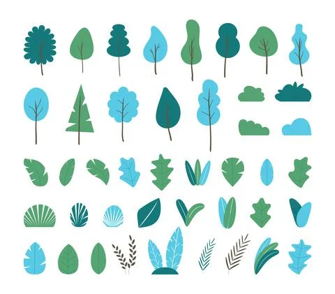 Big set of trees. Plants, trees, tropical leaves collection vector. Branches, Stock Illustration