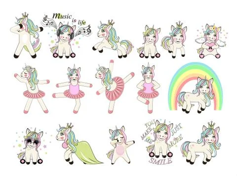 Big set with unicorns for design. Set of Cute Cartoon Unicorn Stock Illustration