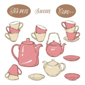 Big set utensil includes cups, teapots and plates, on white background Stock Illustration