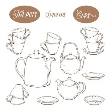 Big set utensil includes cups, teapots and plates, on white background Stock Illustration