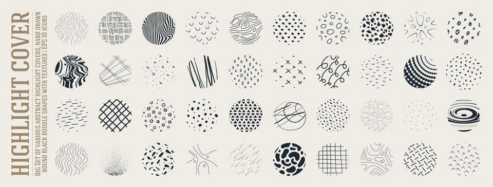 Big Set of various abstract highlight covers, hand drawn round black doodle.. Stock Illustration