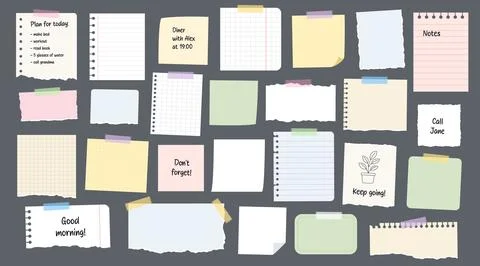 Big set of various paper notes, stickers, duct tapes. Illustrazione stock