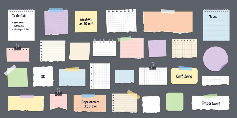 Big set of various paper notes, stickers, duct tapes. Illustrazione stock