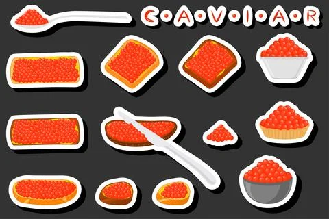 Big set various types fish caviar, bread different size Stock Illustration