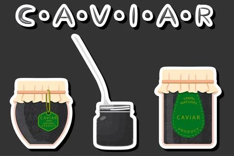 Big set various types fish caviar, glass jar different size Stock Illustration