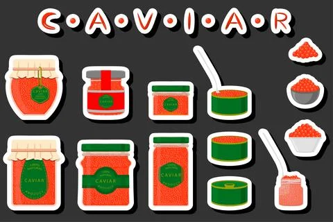 Big set various types fish caviar, metal can different size Stock Illustration