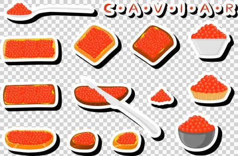 Big set various types fish caviar, bread different size Stock Illustration